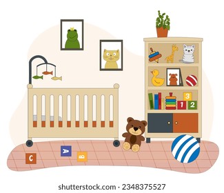 Illustration of the interior of a room for a child. Bed for a newborn, toys and wardrobe. Vector flat illustration. For use on covers, flyers, social networks and furniture stores, advertising.