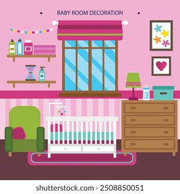 Illustration of the interior of a room for a child. Bed for a newborn, toys and wardrobe. Vector flat illustration. For use on covers, flyers, social networks and furniture stores, advertising.