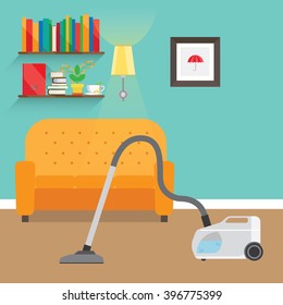 Illustration of the interior of the room. The room has a sofa, vacuum cleaner, shelves with books and flower, sconces and picture on the wall.