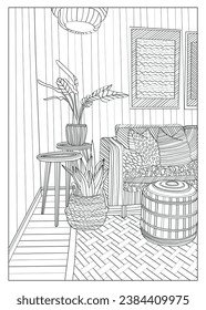 Illustration of the interior of the room. Vector. Can be used for books, catalogs, magazines, as an anti-stress coloring book
