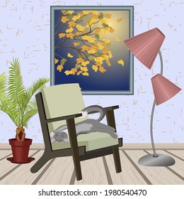 Illustration with the interior of the room.Furniture, picture, flower and lamp in color vector illustration.