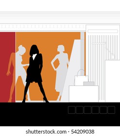 Illustration of the interior of the store. In the foreground is a woman. Beside him is a podium for clothes.