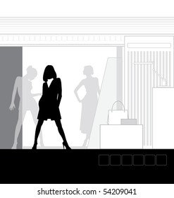 Illustration of the interior of the store. In the foreground is a woman. Beside him is a podium for clothes.