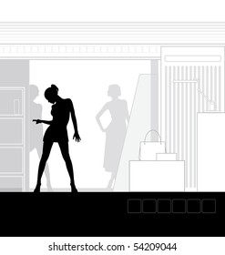 Illustration of the interior of the store. In the foreground is a woman. Beside him is a podium for clothes.