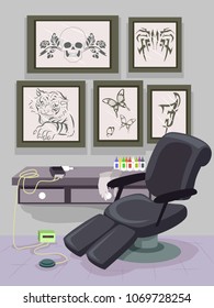 Illustration Of The Interior Of A Tattoo Shop With Displays Of Designs In Frames, Chair, Tattoo Machine, Foot Switch And Inks