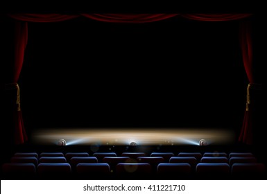 An illustration of the interior of a theatre with stage, footlights and curtains