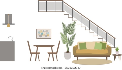 Illustration of interior view of living room with sofa, dining table, kitchen and stairs　