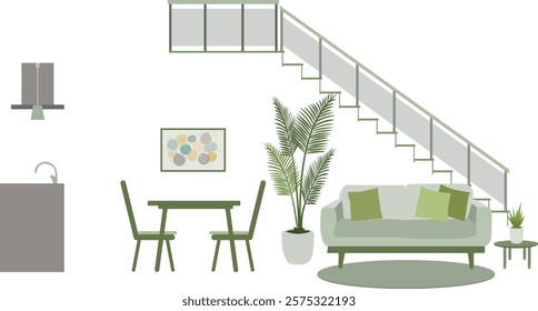 Illustration of interior view of living room with sofa, dining table, kitchen and stairs　
