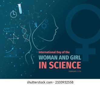 Illustration of the International Day of Women and Girls in Science. Set of science icons. Illustration of silhouette profile of woman.