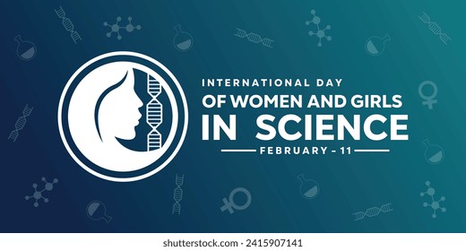 Ilustración del Día Internacional de la Mujer y la Niña en la Ciencia. Colección de iconos científicos y un icono o logotipo femenino. Ilustración del vector