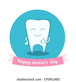 Illustration to the International Dentist Day. Happy Tooth smiling and showing thumbs up. Human health.