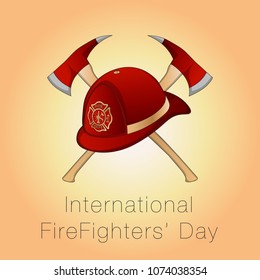 Illustration for International Firefighters' Day at may 4. Vector poster template with Red Firefighters Helmet and Crossed Axes on Background.