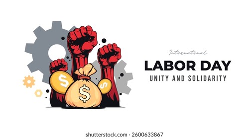Illustration for International Labor Day featuring raised fists holding a money bag, symbolizing workers' rights, fair wages, and economic justice. Represents unity, solidarity, and the labor movement