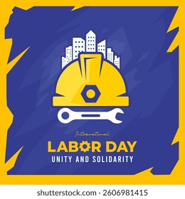 Illustration of International Labor Day featuring a yellow hard hat, wrench, and city skyline on a blue and yellow background. Symbolizing workers' unity, solidarity, and contributions to urban