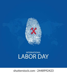 Illustration of International Labour Day, May day1st awareness concept. Finger with hammer and blue circle of universal symbol for Labour Day. different Construction workers,  World Labor day