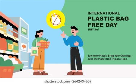 Illustration International Plastic Bag Free Day, of a couple shopping with reusable bags and baskets in a supermarket. Promotes eco-friendly lifestyle and zero-waste habits for all ages.