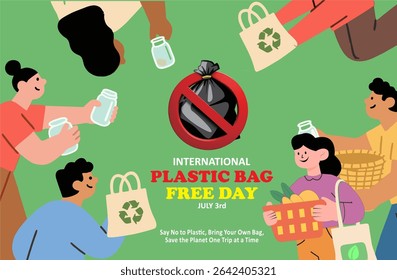Illustration International Plastic Bag Free Day on July 3rd with a strong eco-friendly message. Colorful flat illustration of diverse people using reusable bags and glass jars around a banned plastic 