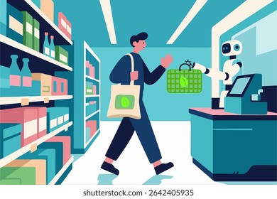 Illustration of International Plastic Bag Free Day on July 3rd, a man using a reusable tote bag at a supermarket, assisted by a robot cashier. Eco-friendly and modern retail concept.
