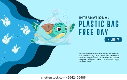 Illustration International Plastic Bag Free Day, raising awareness of plastic pollution in oceans. Cute sea turtle swimming underwater, mistakenly biting a plastic bag. 