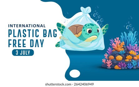 Illustration International Plastic Bag Free Day, raising awareness of plastic pollution in oceans. Cute sea turtle swimming underwater, mistakenly biting a plastic bag. 