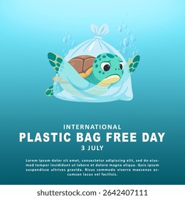 Illustration International Plastic Bag Free Day, raising awareness of plastic pollution in oceans. Cute sea turtle swimming underwater, mistakenly biting a plastic bag. 