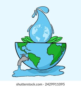 illustration for international water day, world, faucet, water droplets and leaves, can be used for posters, flyers