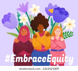 Illustration of International Women's Day. Diverse women in self hug pose with flowers decoration in pastel purple background. Concept of embrace equity.