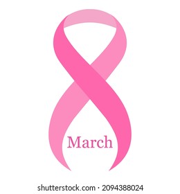 Illustration of International Women's Day March 8. Pink ribbon on a white background