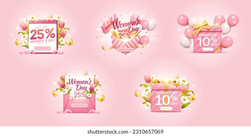 Ilustración de la venta del Día Internacional de la Mujer aparecen anuncios aislados de fondo rosado. Calendario, cajas de regalo y plantilla de diseño de sobres decorados con globos o flores.