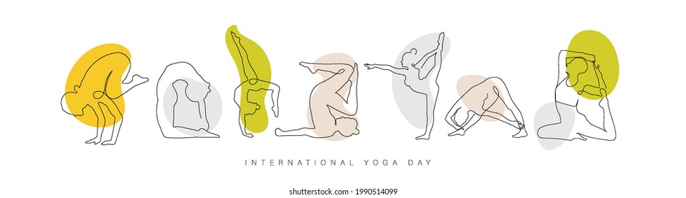 illustration of International Yoga day, continuous line drawing of women fitness yoga concept,