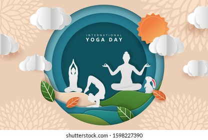 Illustration Of International Yoga Day. paper cut yoga body posture. Vector illustration