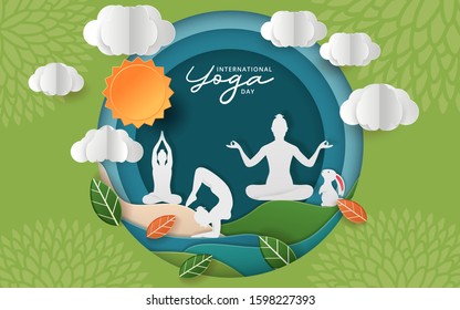 Illustration Of International Yoga Day. paper cut yoga body posture. Vector illustration