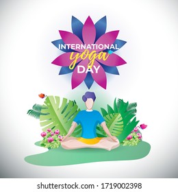 Illustration for international yoga day, illustration is showing person doing yoga in garden with beautiful plants backdrop.