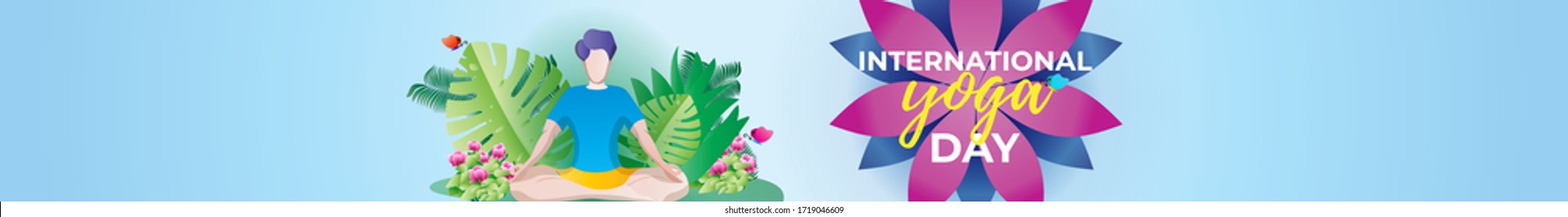 Illustration for international yoga day, illustration is showing person doing yoga in garden with beautiful plants backdrop.
