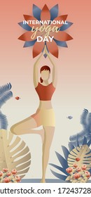 Illustration for international yoga day,  woman is doing yoga in garden with beautiful plants in backdrop.