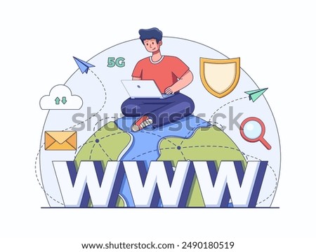 Illustration of the internet connecting the entire world, featuring a person sitting cross-legged on planet Earth with a laptop, symbolizing global connectivity through the internet.