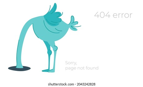 Illustration of internet connection problem concept. 404 error page not found isolated in white background. The ostrich will bury its head in the sand ignoring the problems. Funny vector ostrich illus