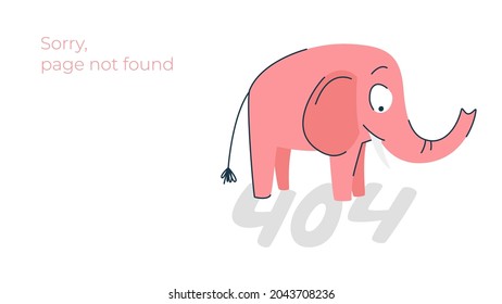 Illustration of internet connection problem concept. 404 error page not found isolated in white background. The funny pink elephant. Isolated vector illustration.