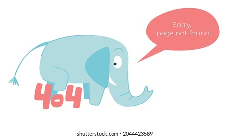 Illustration of internet connection problem concept. 404 error page not found isolated in white background. The funny blue elephant. Isolated vector illustration.