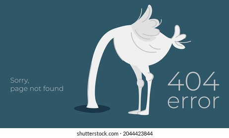 Illustration of internet connection problem concept. 404 error page not found isolated in black background. The ostrich will bury its head in the sand ignoring the problems. Funny vector illustration.