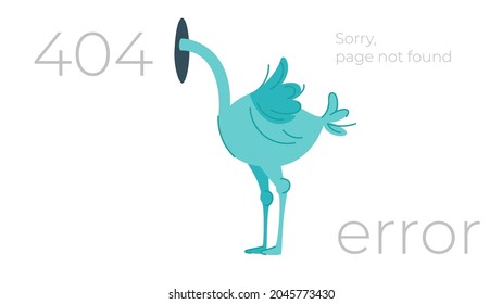 Illustration of internet connection problem concept. 404 error page not found isolated in white background. The ostrich will bury its head in the sand ignoring the problems. Funny vector illustration.