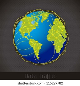 illustration of Internet Data Traffic, lines of communication planet, vector illustration