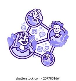 Illustration of an internet network where friends keep in touch. They share music, images, jokes and more. The guys are in round avatars with vegetative motives that are interconnected.