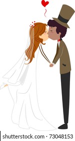 Illustration of an Interracial Couple Sharing a Kiss