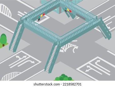 Illustration Of An Intersection With An Isometric Pedestrian Bridge