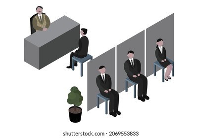 Ilustración de una entrevista realizada en proyección isométrica. Es un material para los negocios.