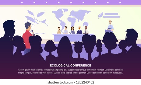 Illustration Interview Journalist Professor Group. Banner Vector Male Journalist Asks Environmental Specialist. Group People Answers Questions from Ecological Conference. Problem Ecology Earth