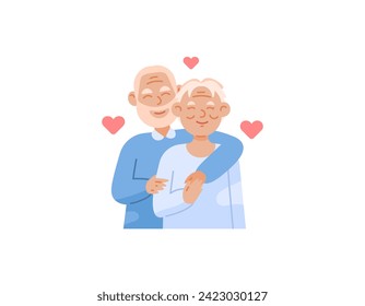 An illustration of an intimate couple of grandparents. Grandpa hugged grandma. Love each other until old age. until old together. Flat or cartoon character illustration design. graphic elements