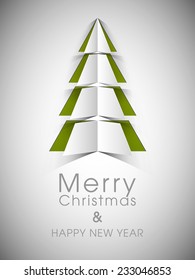 Illustration of intricate 3d paper Christmas tree greeting card.