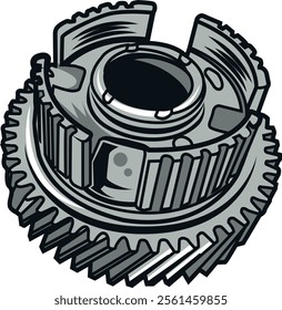 Illustration of an intricate metal gear, highlighting its precision engineering and mechanical complexity. Perfect for enthusiasts of machinery and industrial art